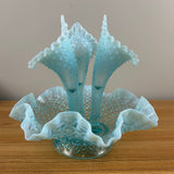 Fenton 1950s Art Glass Sea Blue Opalescent Hobnail Diamond Lace 3 Horn Epergne