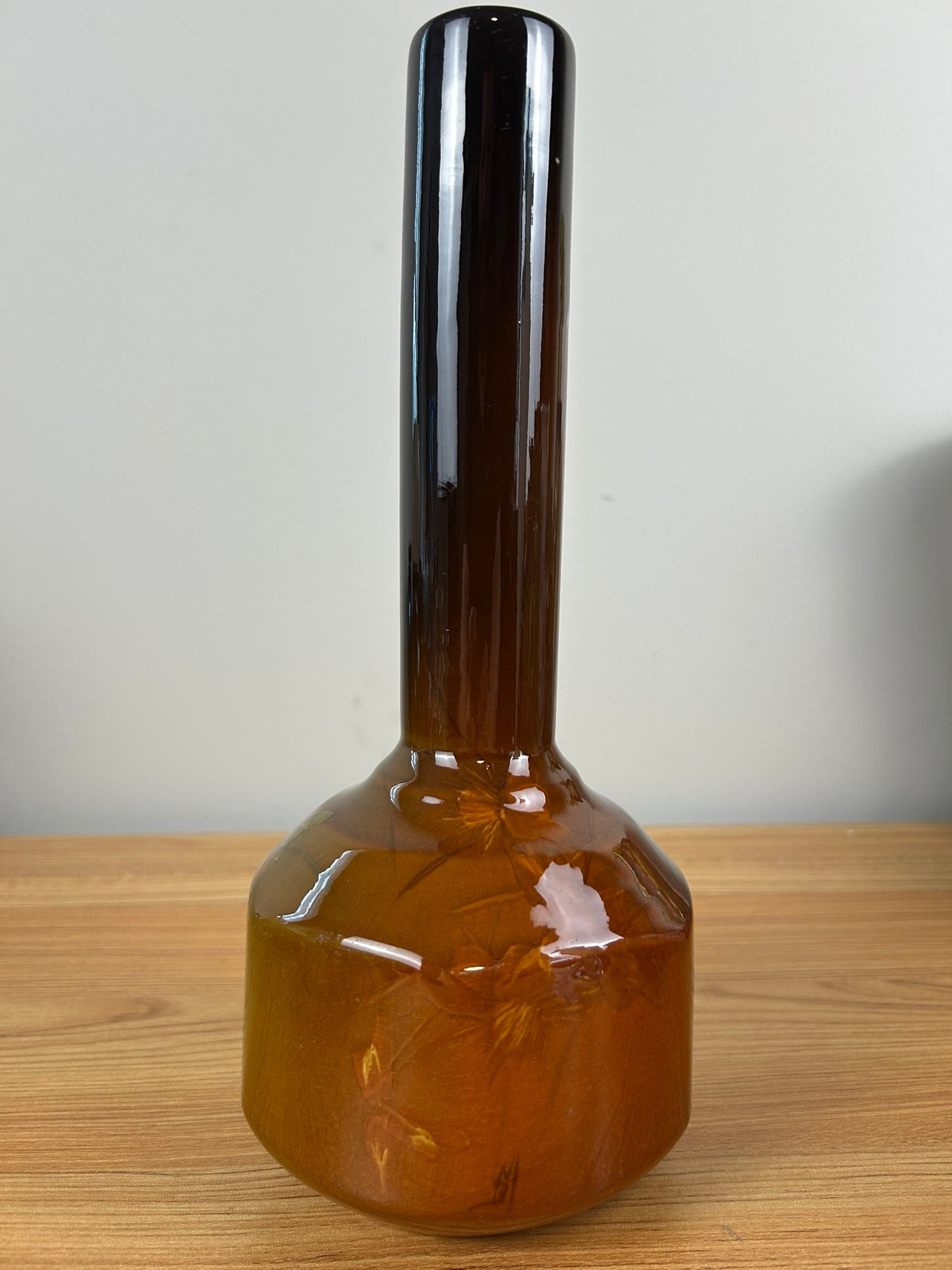 JB Owens Utopian Standard Glaze Bulbous Hexagon Base Vase With Skinny Neck.
