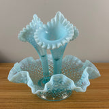 Fenton 1950s Art Glass Sea Blue Opalescent Hobnail Diamond Lace 3 Horn Epergne