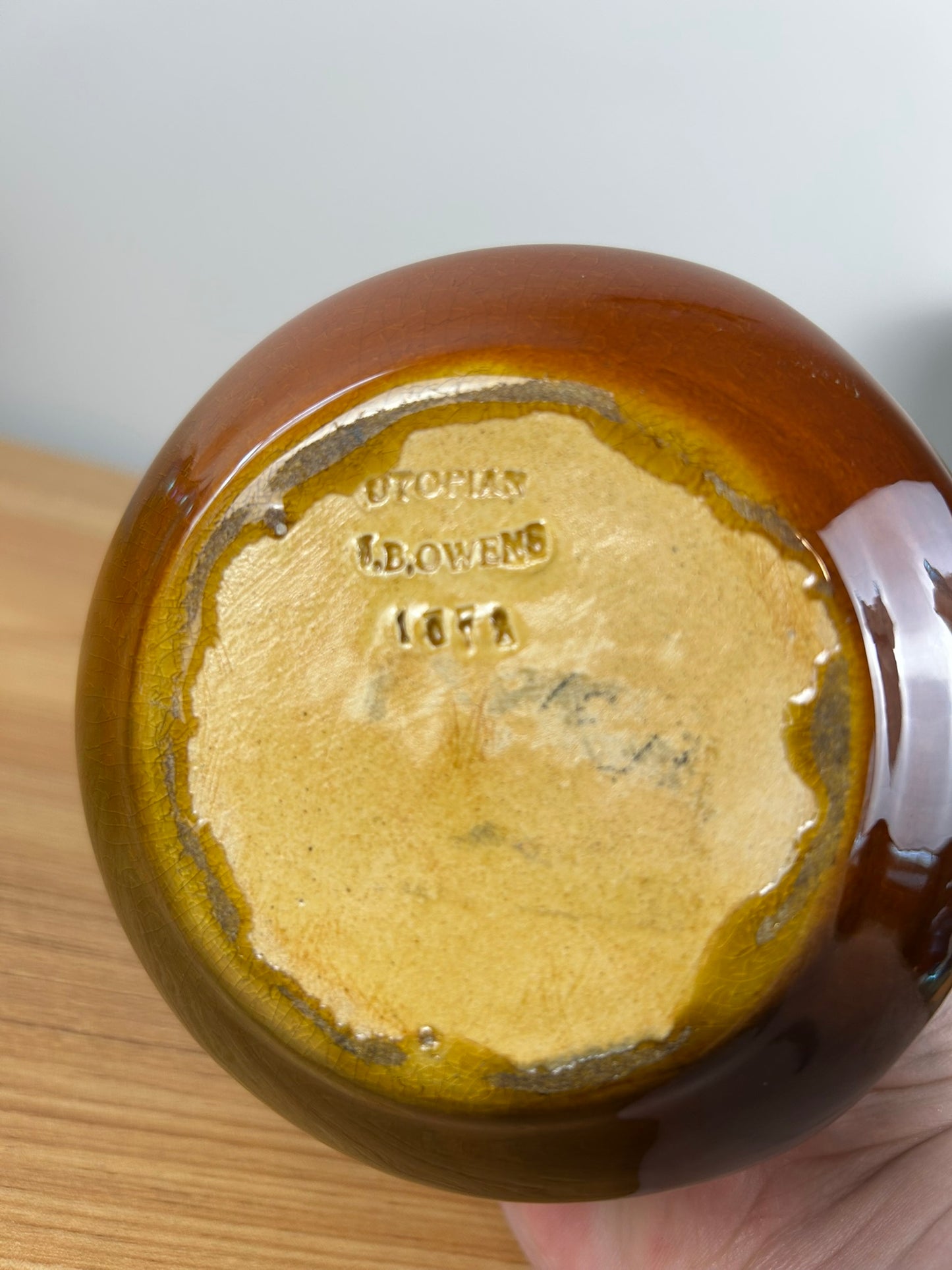 JB Owens Utopian Standard Glaze Bulbous Hexagon Base Vase With Skinny Neck.