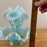 Fenton 1950s Art Glass Sea Blue Opalescent Hobnail Diamond Lace 3 Horn Epergne
