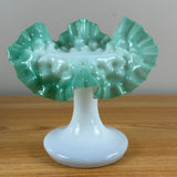 Bohemian Victorian White Cased Green Jack In The Pulpit Ruffled Rim Art Glass Vase
