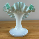 Bohemian Victorian White Cased Green Jack In The Pulpit Ruffled Rim Art Glass Vase