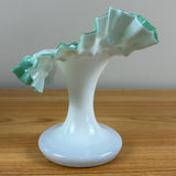 Bohemian Victorian White Cased Green Jack In The Pulpit Ruffled Rim Art Glass Vase