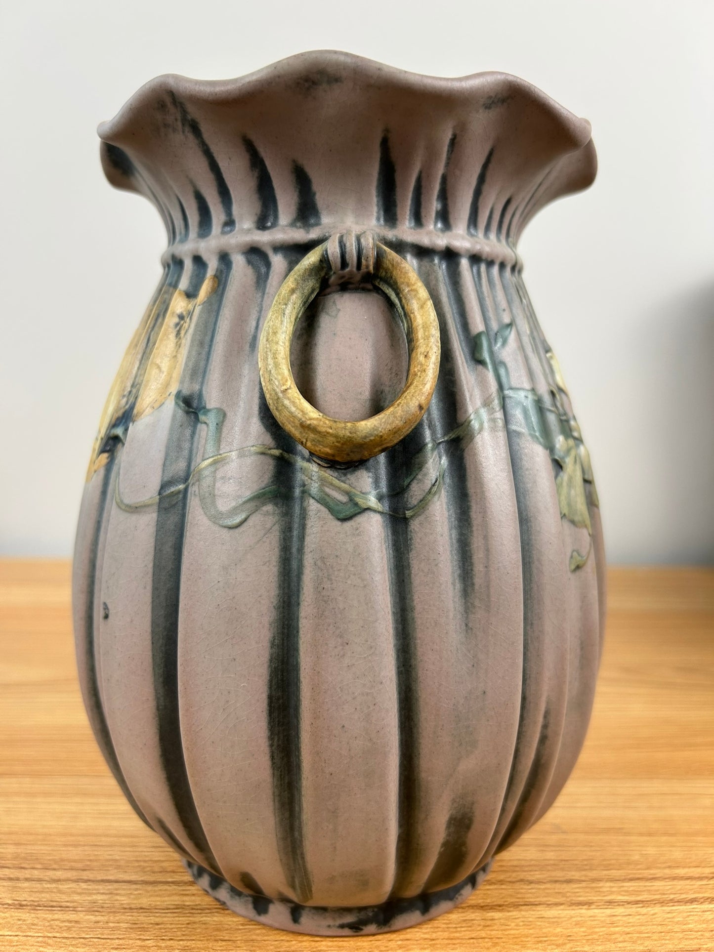 Weller Louella 1915s Vintage Art Pottery Hand Painted Floral Brown Ceramic Vase