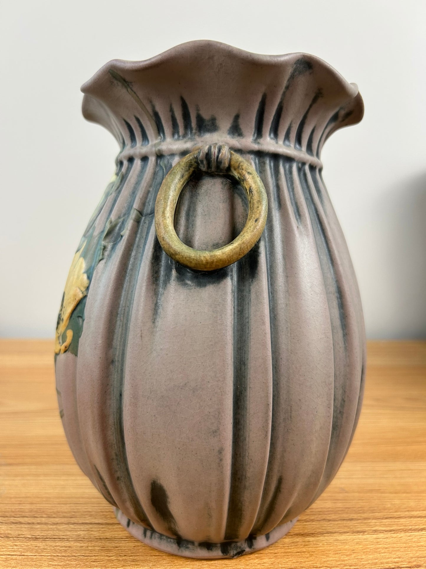 Weller Louella 1915s Vintage Art Pottery Hand Painted Floral Brown Ceramic Vase