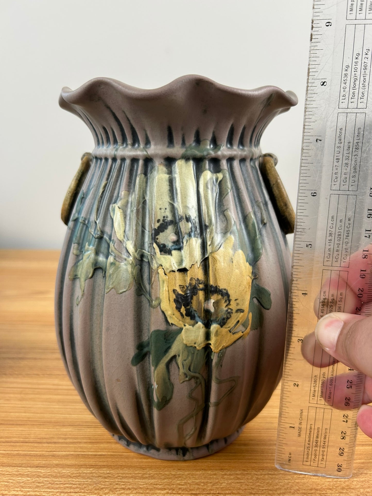 Weller Louella 1915s Vintage Art Pottery Hand Painted Floral Brown Ceramic Vase