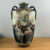 Japanese Early 1900s Art Pottery Cobalt Blue Moriage Scenic Panel Floor Vase
