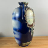 Japanese Early 1900s Art Pottery Cobalt Blue Moriage Scenic Panel Floor Vase