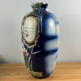 Japanese Early 1900s Art Pottery Cobalt Blue Moriage Scenic Panel Floor Vase