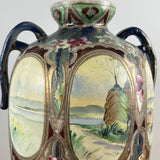 Japanese Early 1900s Art Pottery Cobalt Blue Moriage Scenic Panel Floor Vase