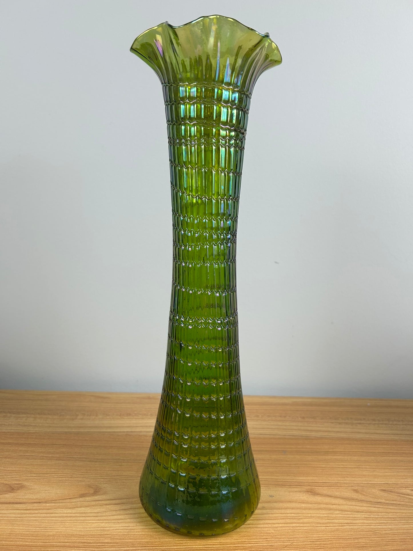 Bohemian Ruffled Rid Green Iridized Glass Hand Blown Very Tall 15" Vase