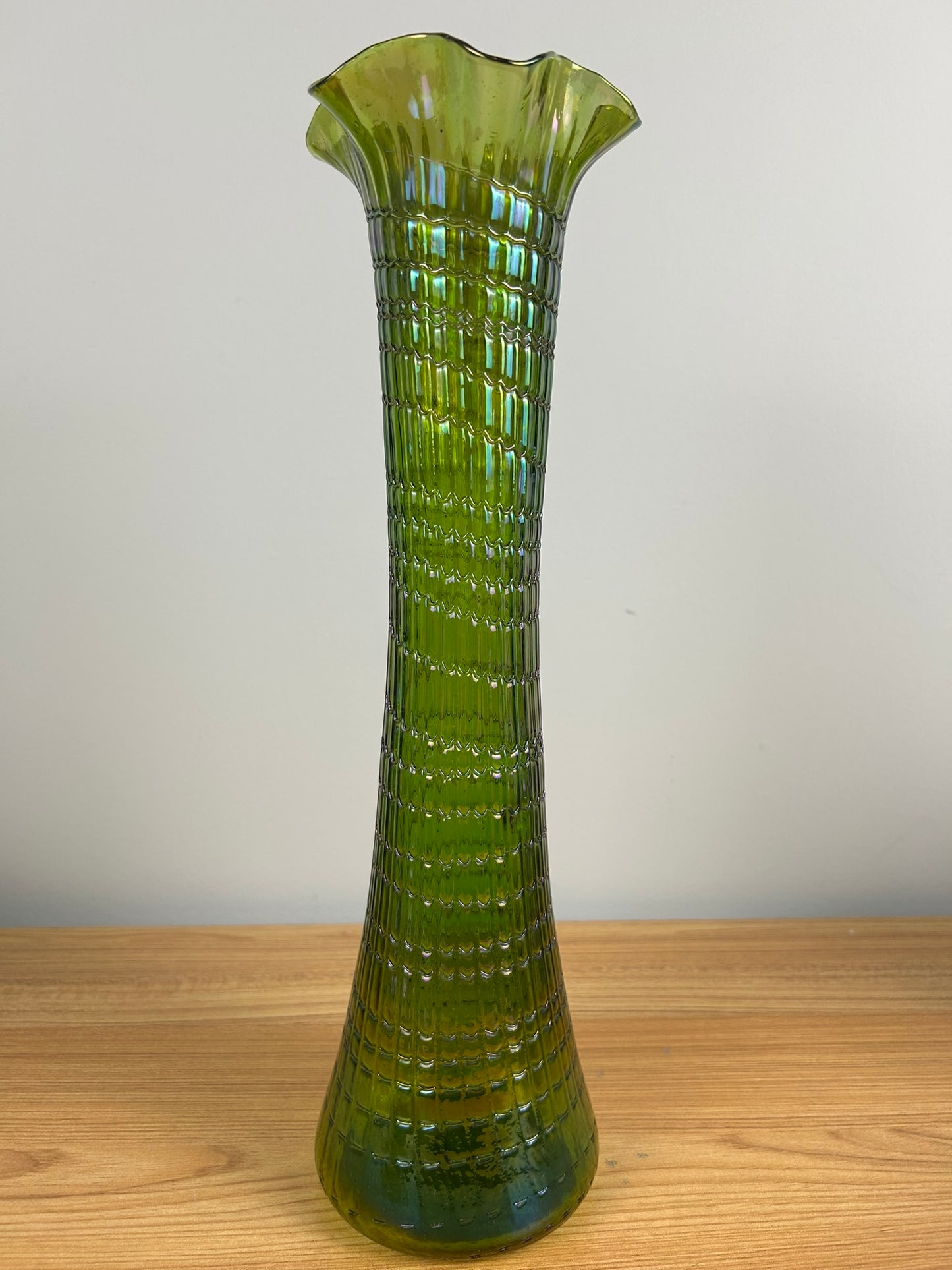 Bohemian Ruffled Rid Green Iridized Glass Hand Blown Very Tall 15" Vase
