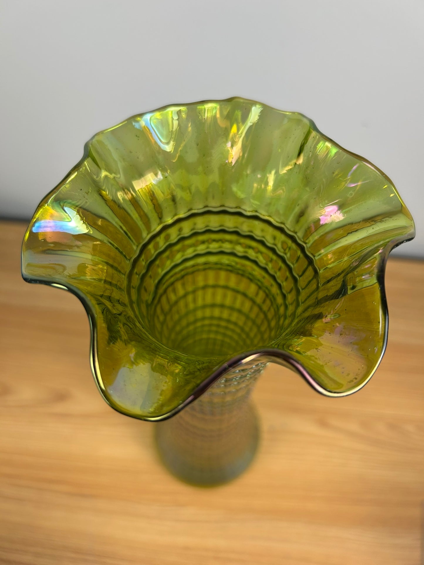 Bohemian Ruffled Rid Green Iridized Glass Hand Blown Very Tall 15" Vase