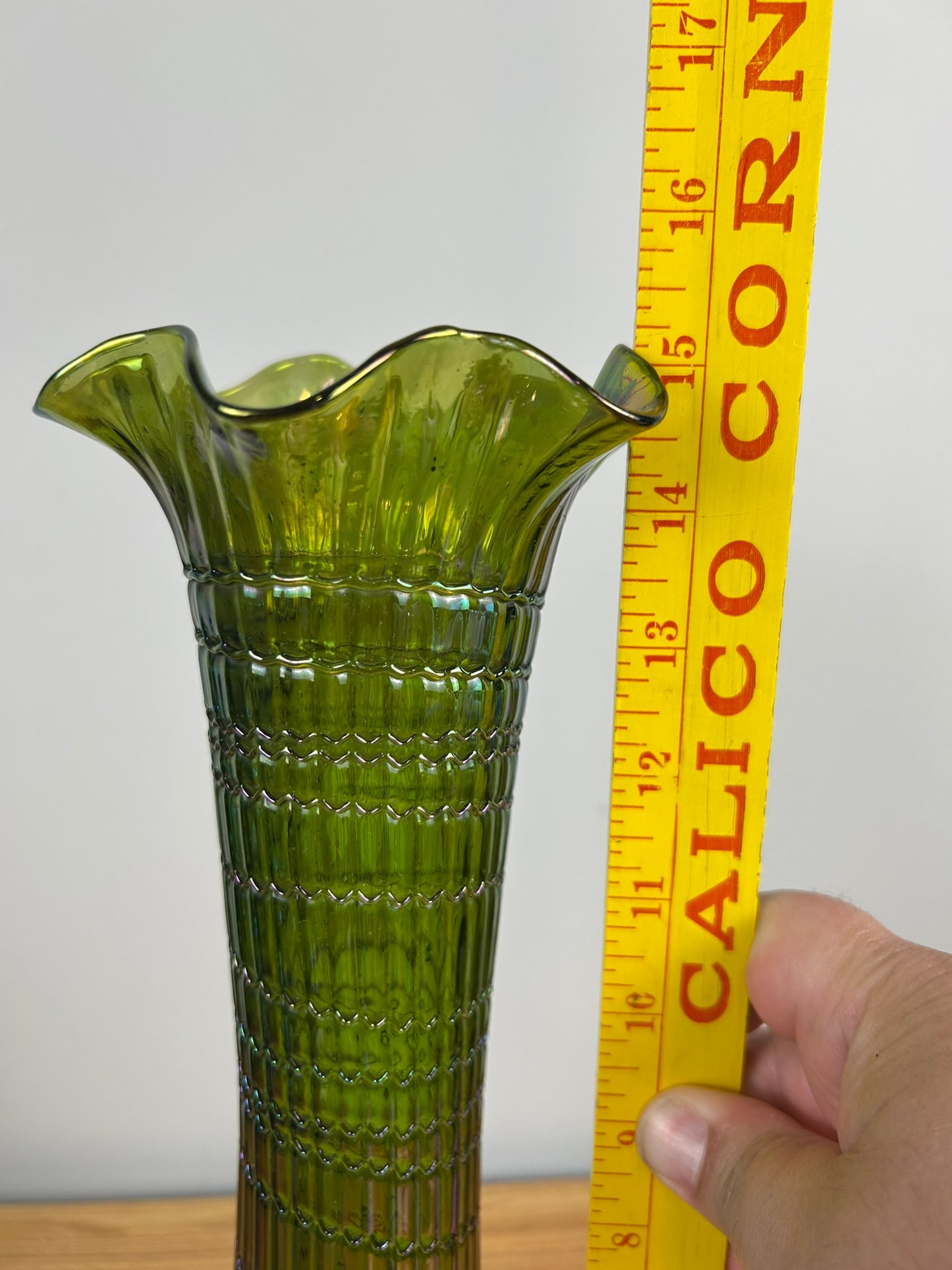 Bohemian Ruffled Rid Green Iridized Glass Hand Blown Very Tall 15" Vase