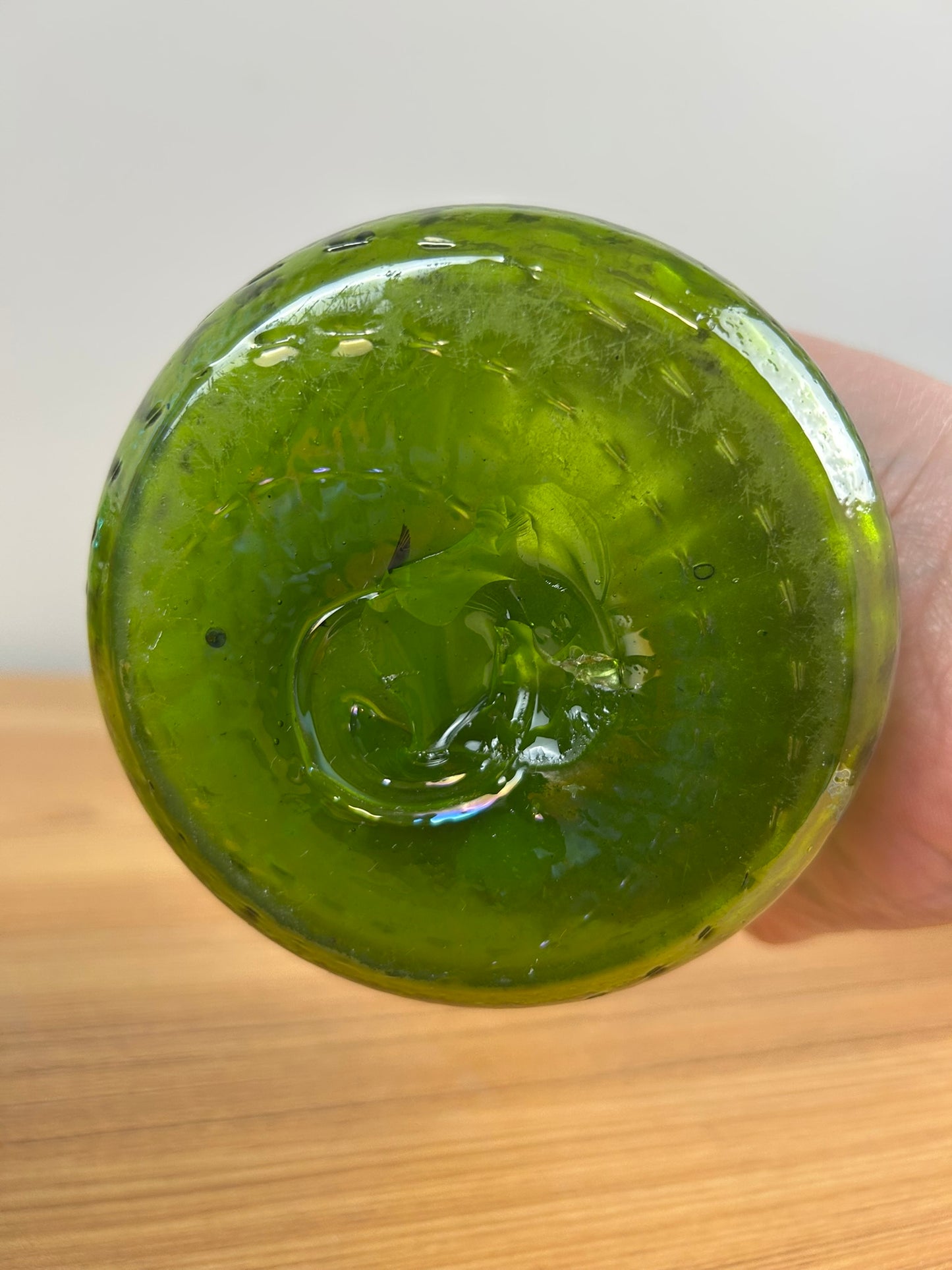 Bohemian Ruffled Rid Green Iridized Glass Hand Blown Very Tall 15" Vase