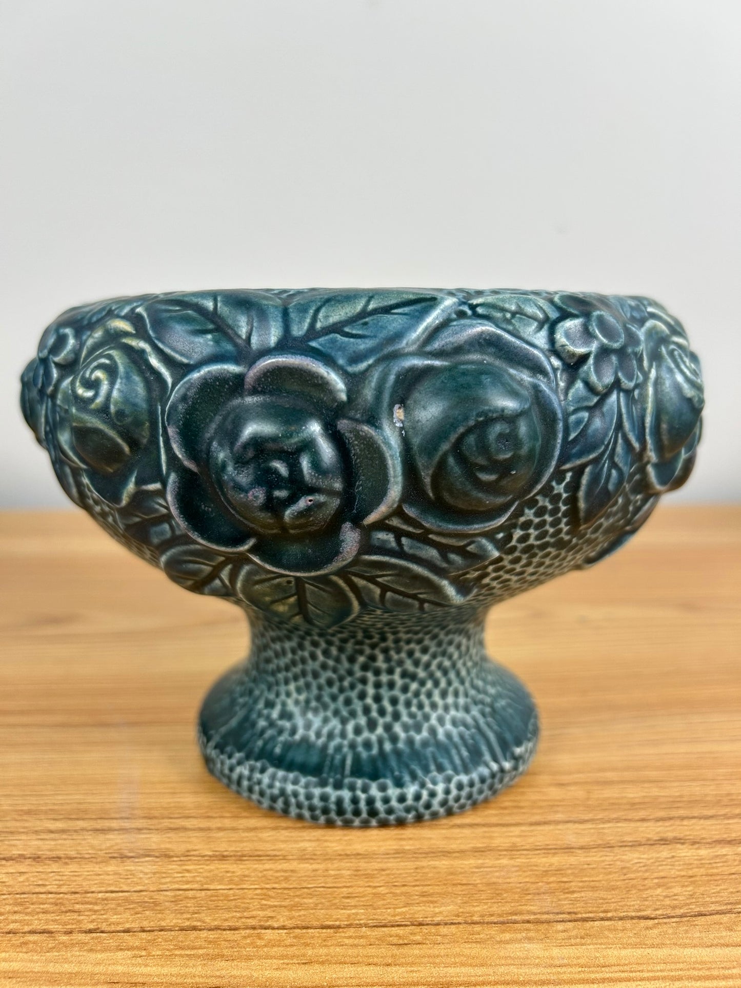 Trial Glaze Blue Roseville Rozane Pottery 1917 Floral Bowl Planter Compote 5.5” Tall