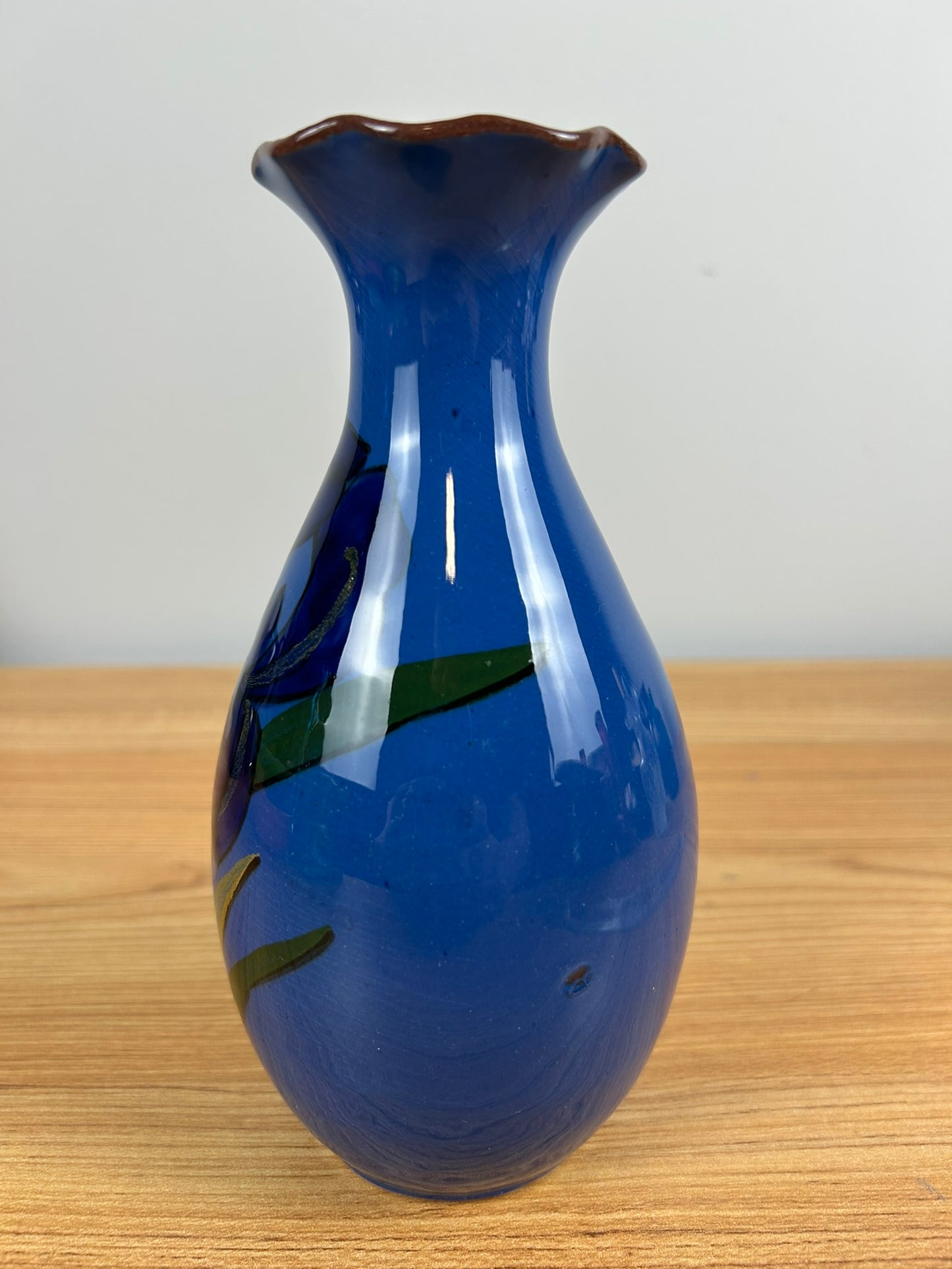 Antique Torquay Pottery Blue Glazed Vase With Hand-Painted Iris Watcombe