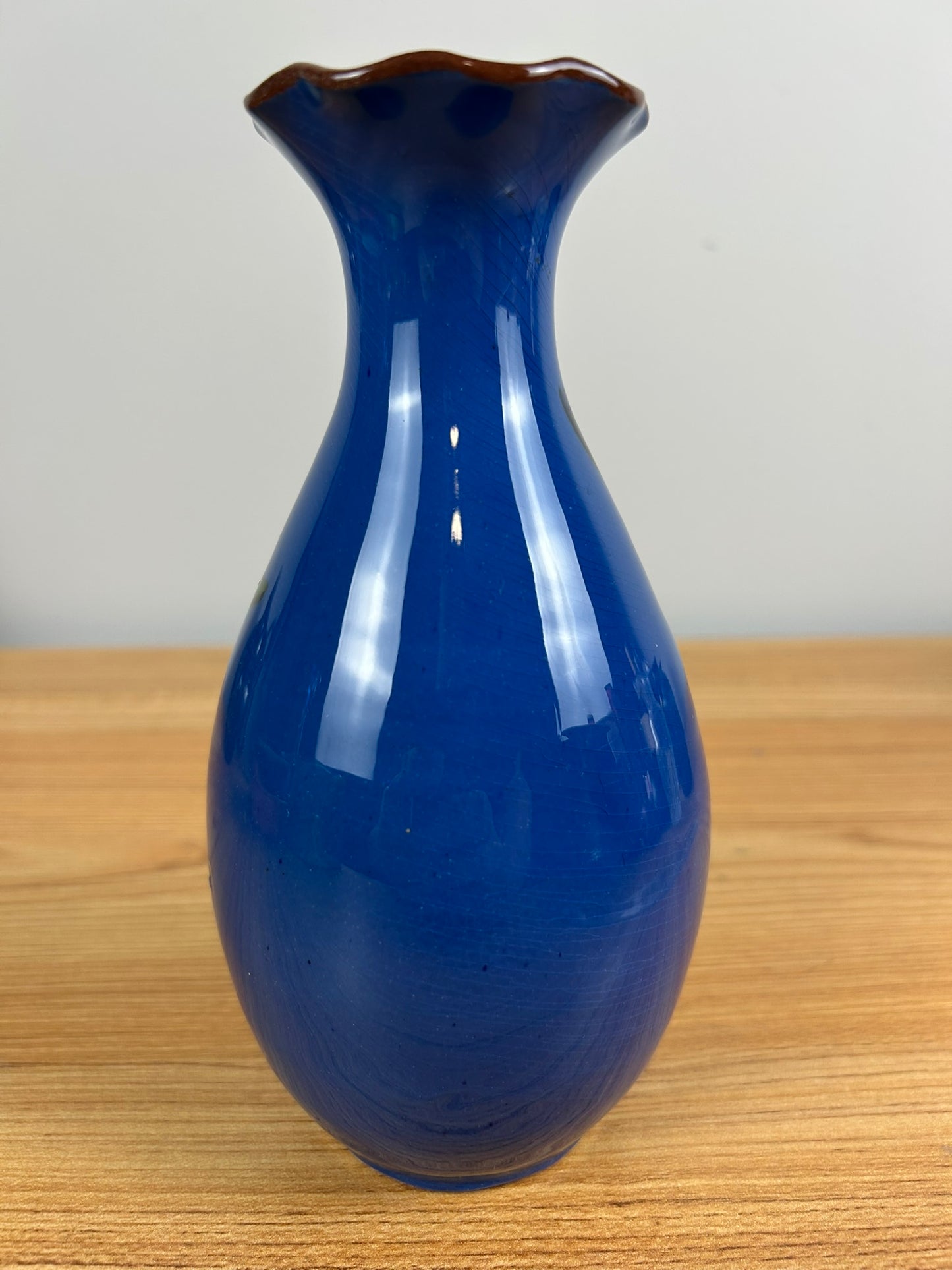 Antique Torquay Pottery Blue Glazed Vase With Hand-Painted Iris Watcombe