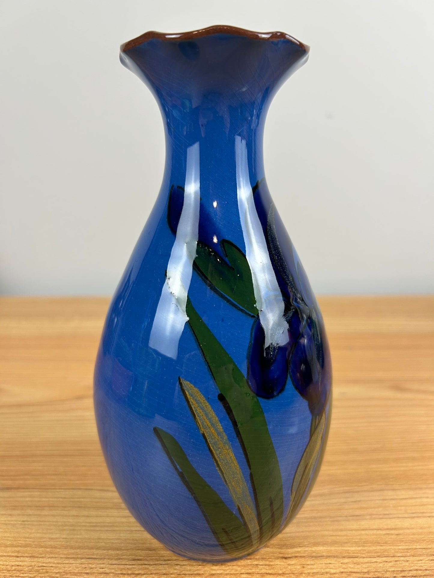 Antique Torquay Pottery Blue Glazed Vase With Hand-Painted Iris Watcombe