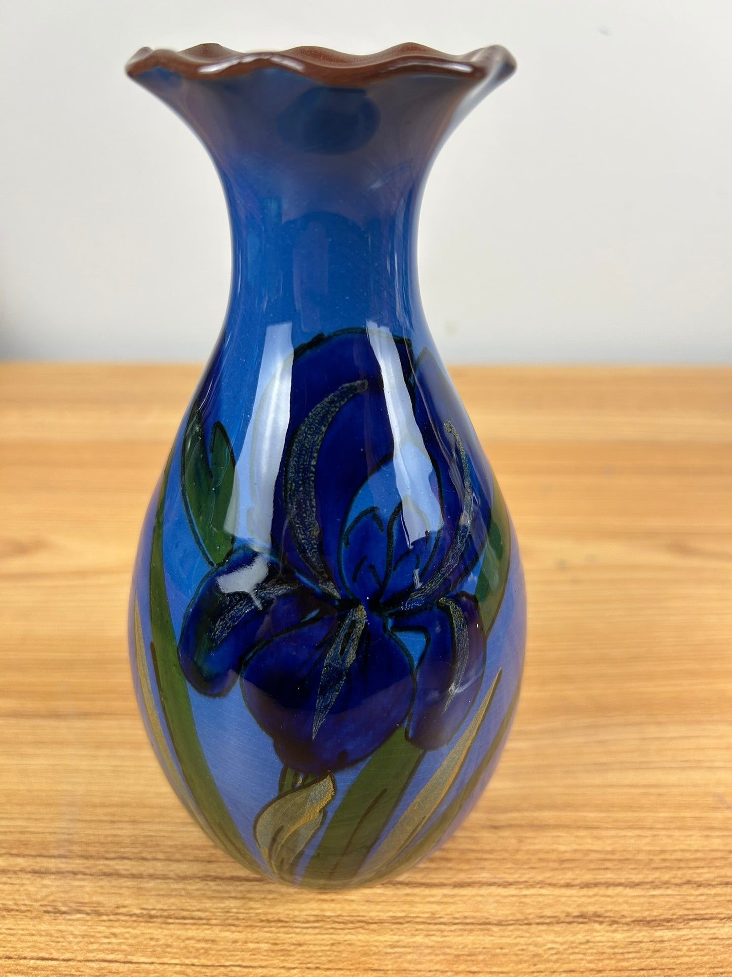 Antique Torquay Pottery Blue Glazed Vase With Hand-Painted Iris Watcombe