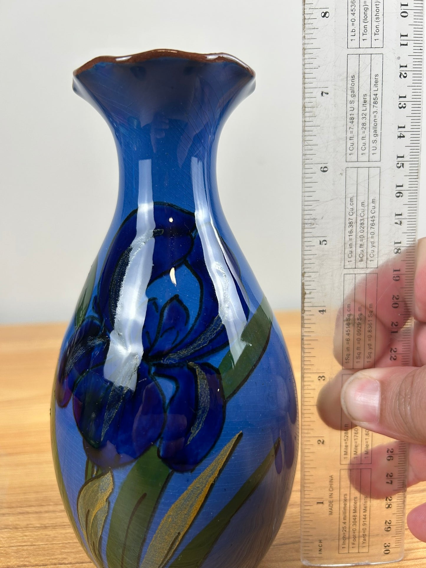 Antique Torquay Pottery Blue Glazed Vase With Hand-Painted Iris Watcombe