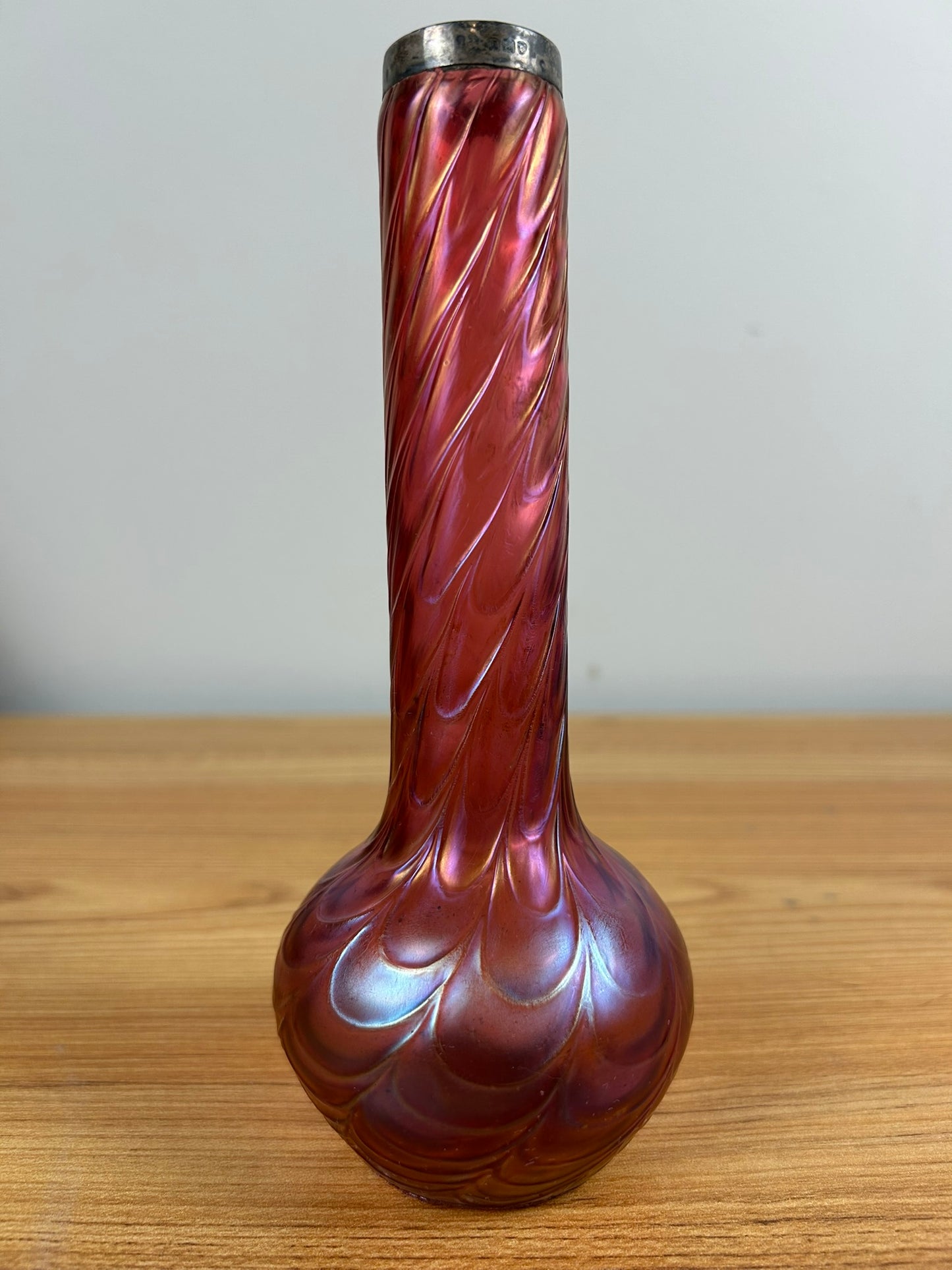 1900s Kralik Draped Decor, Iridescent Cranberry and Silver Collared Bohemian Art Glass Vase