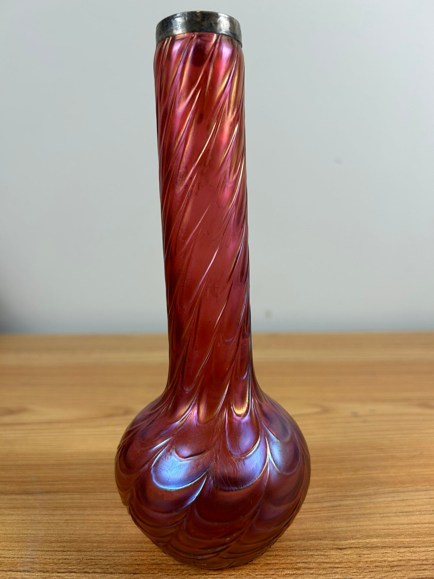 1900s Kralik Draped Decor, Iridescent Cranberry and Silver Collared Bohemian Art Glass Vase