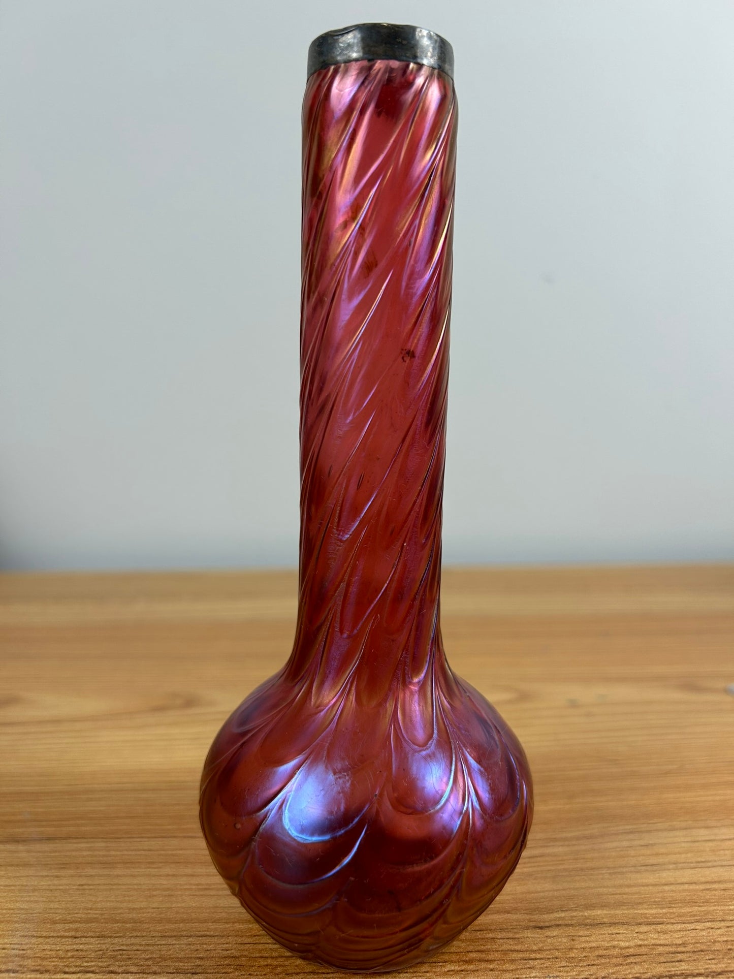 1900s Kralik Draped Decor, Iridescent Cranberry and Silver Collared Bohemian Art Glass Vase