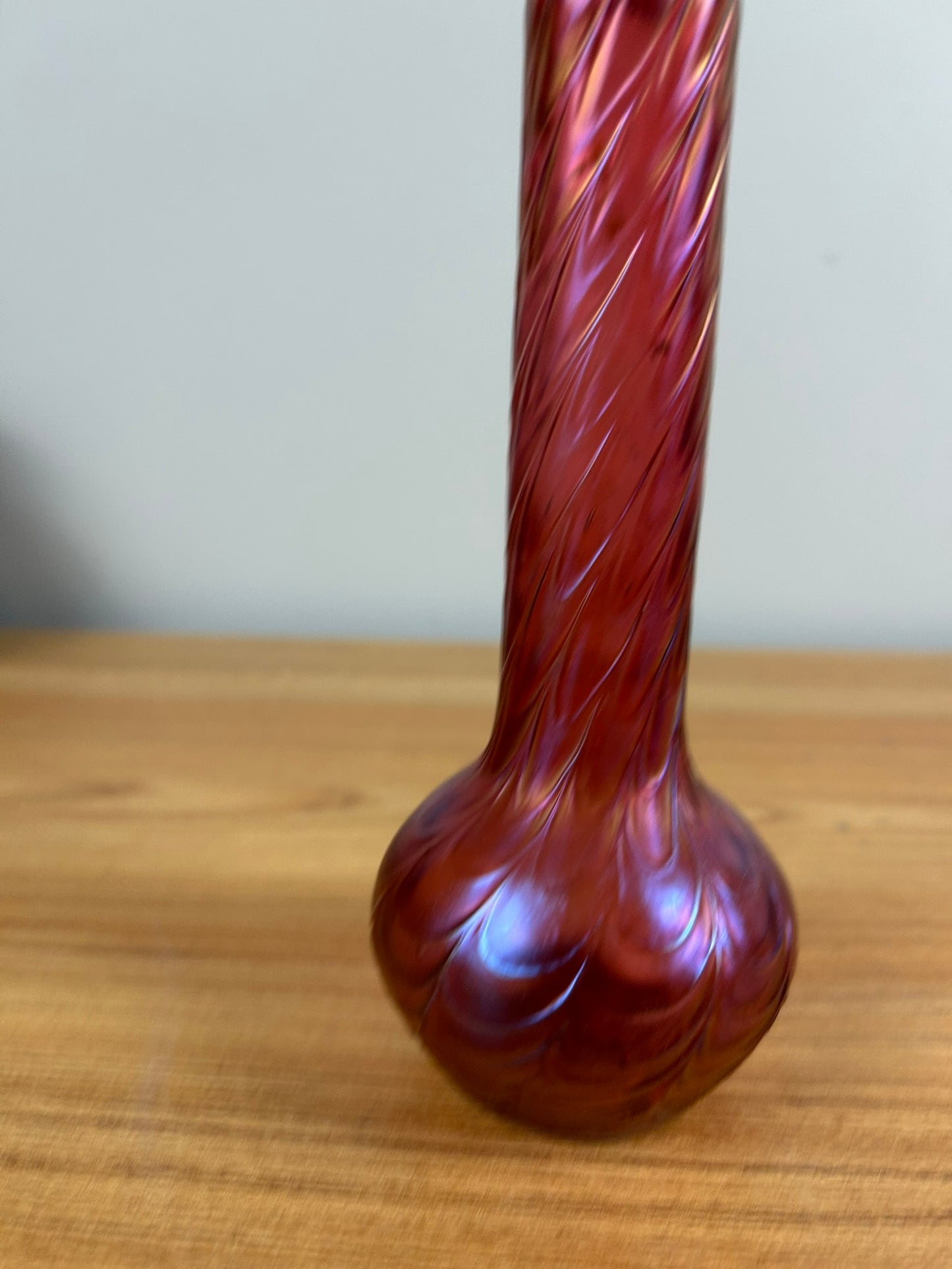 1900s Kralik Draped Decor, Iridescent Cranberry and Silver Collared Bohemian Art Glass Vase