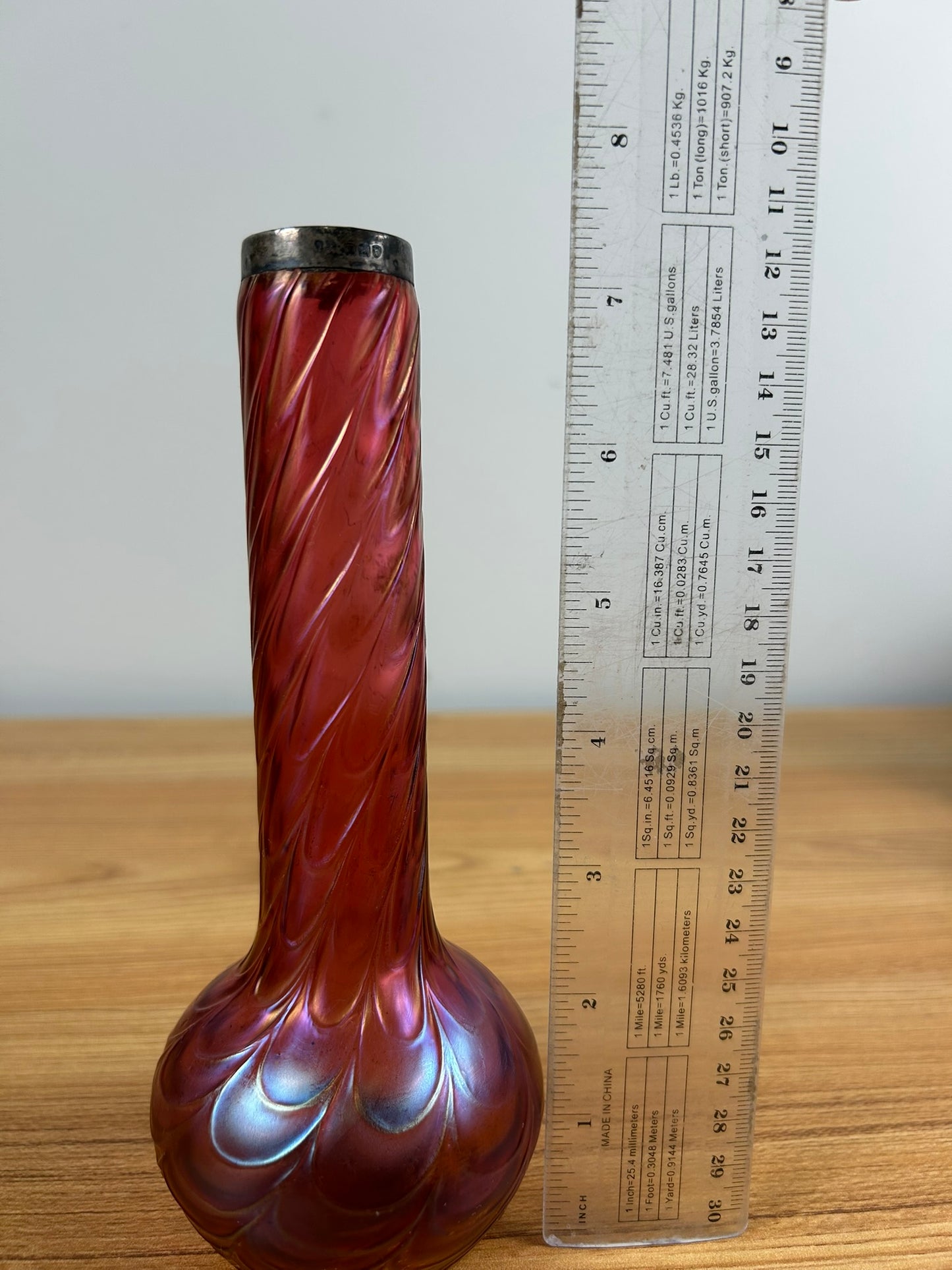 1900s Kralik Draped Decor, Iridescent Cranberry and Silver Collared Bohemian Art Glass Vase