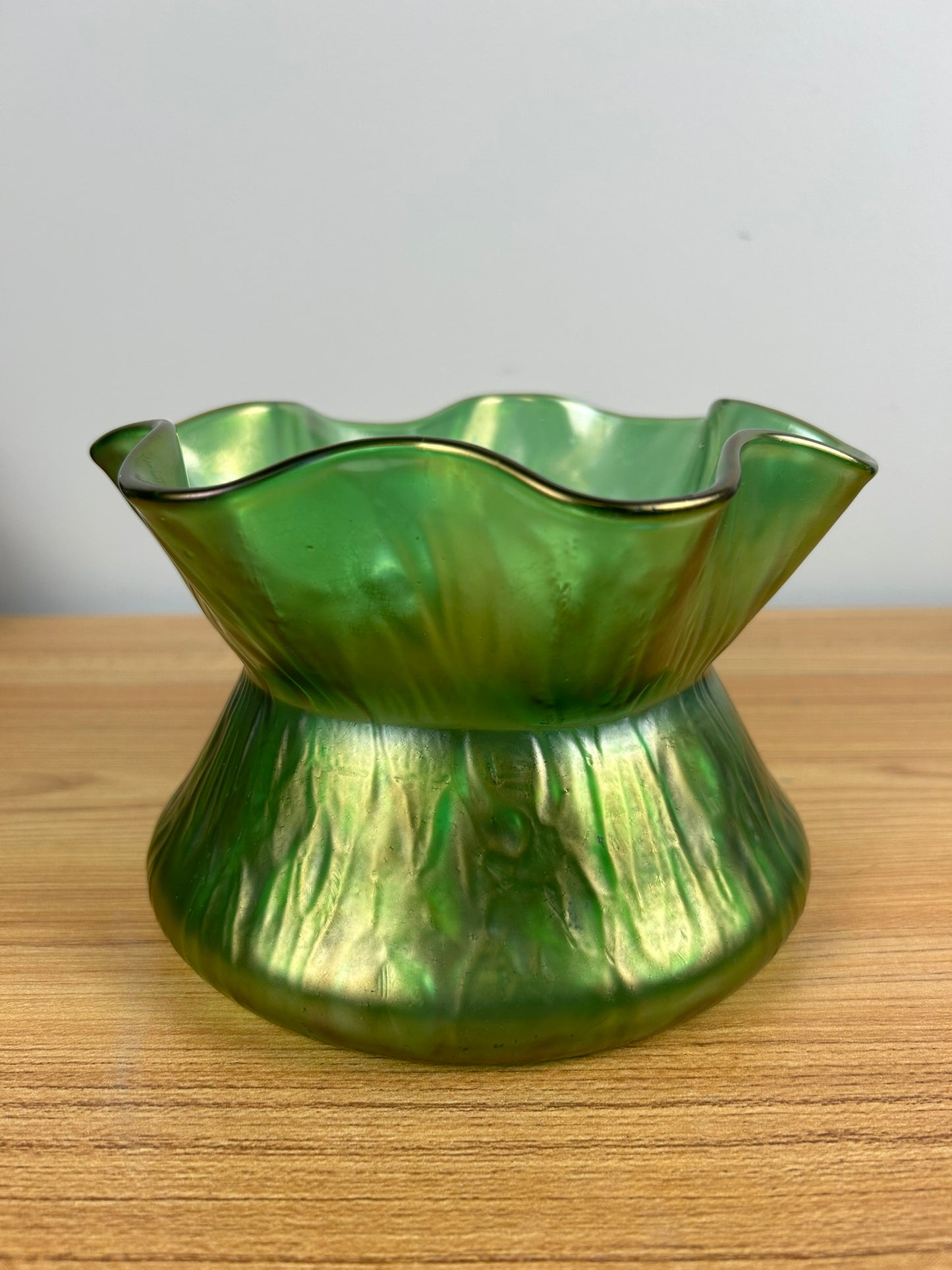 Antique Loetz Rusticana Hand Blown Green 7" Wide Vase Satin Glass Finish