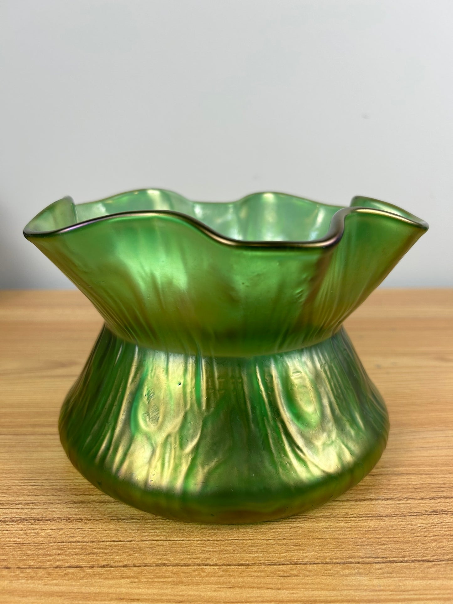 Antique Loetz Rusticana Hand Blown Green 7" Wide Vase Satin Glass Finish