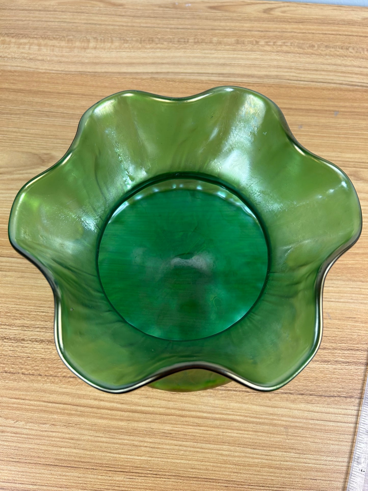 Antique Loetz Rusticana Hand Blown Green 7" Wide Vase Satin Glass Finish