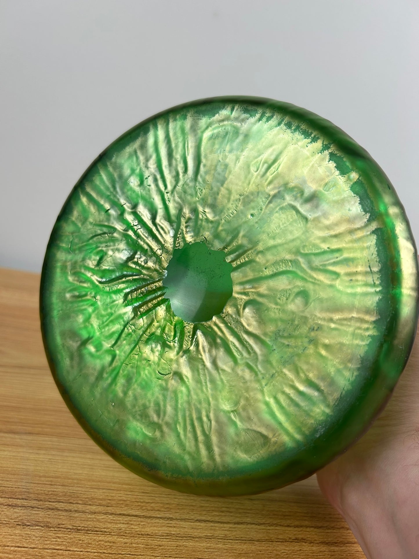 Antique Loetz Rusticana Hand Blown Green 7" Wide Vase Satin Glass Finish