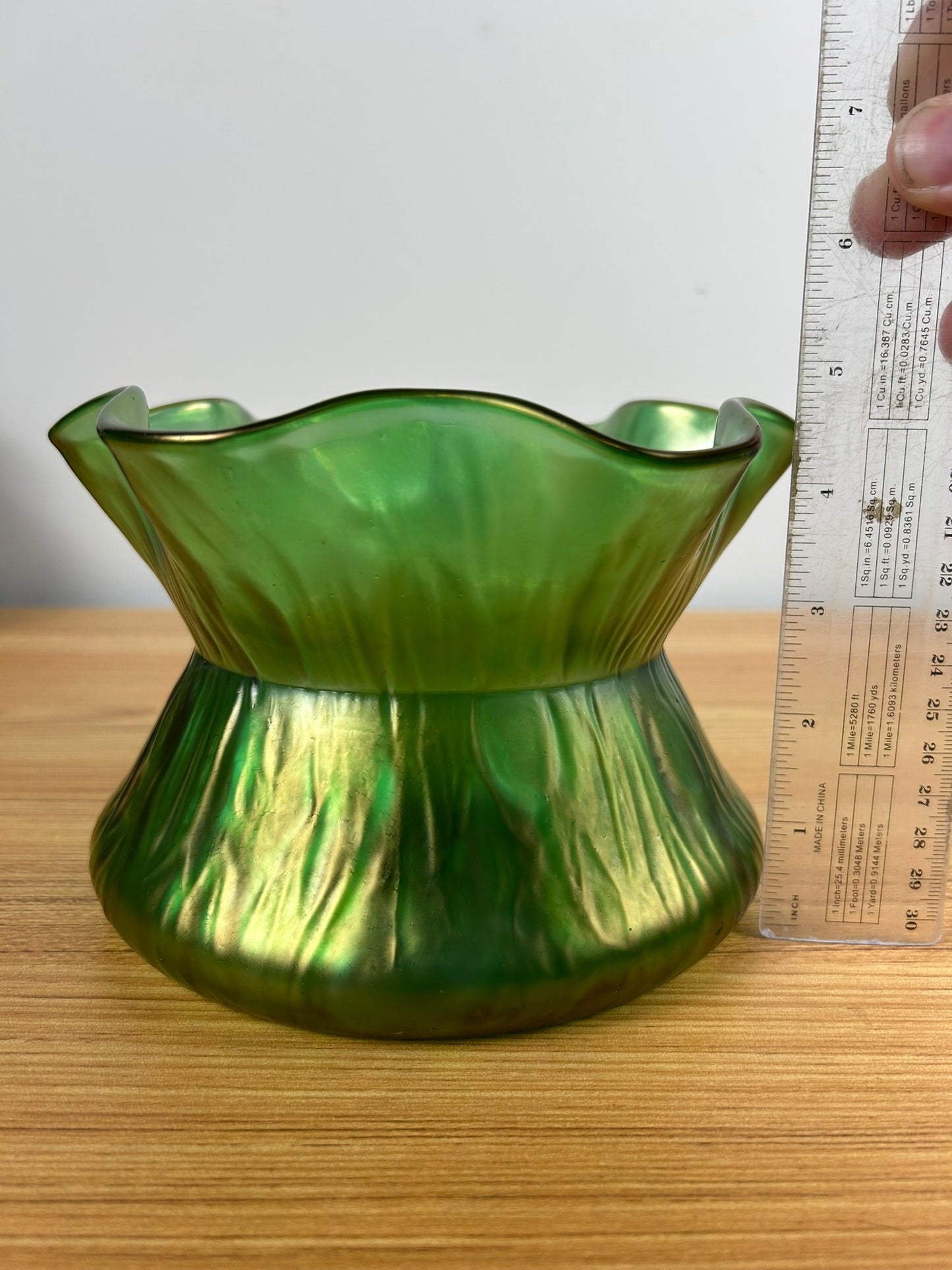 Antique Loetz Rusticana Hand Blown Green 7" Wide Vase Satin Glass Finish