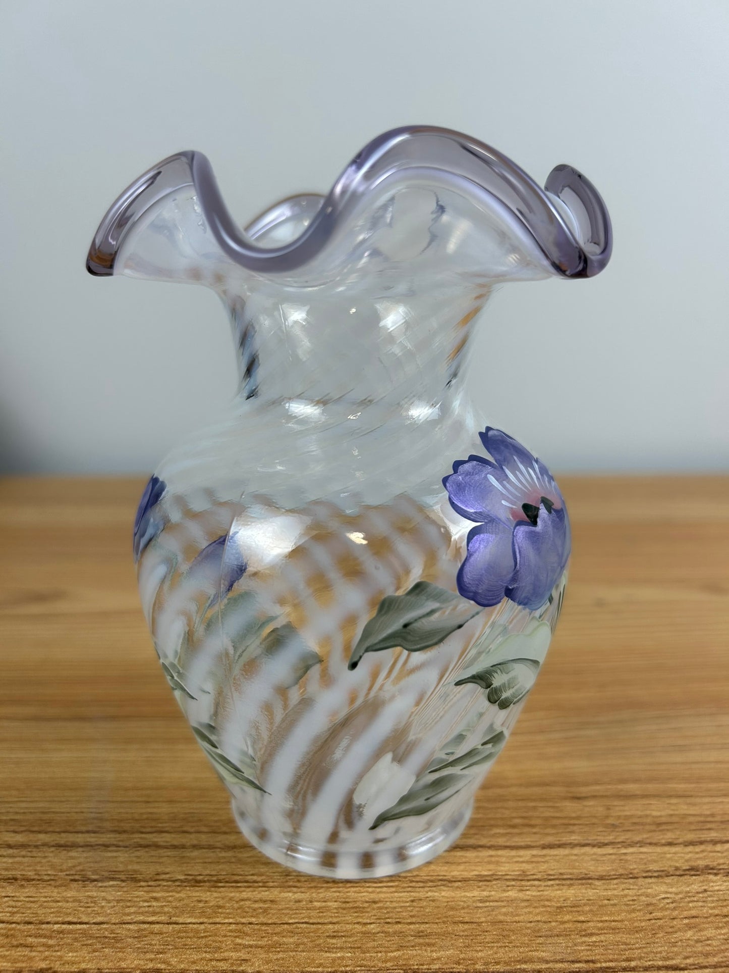 Fenton 5.5" FRENCH OPALESCENT OPTIC SPIRAL “LAVENDER PETALS” VIOLET CREST VASE