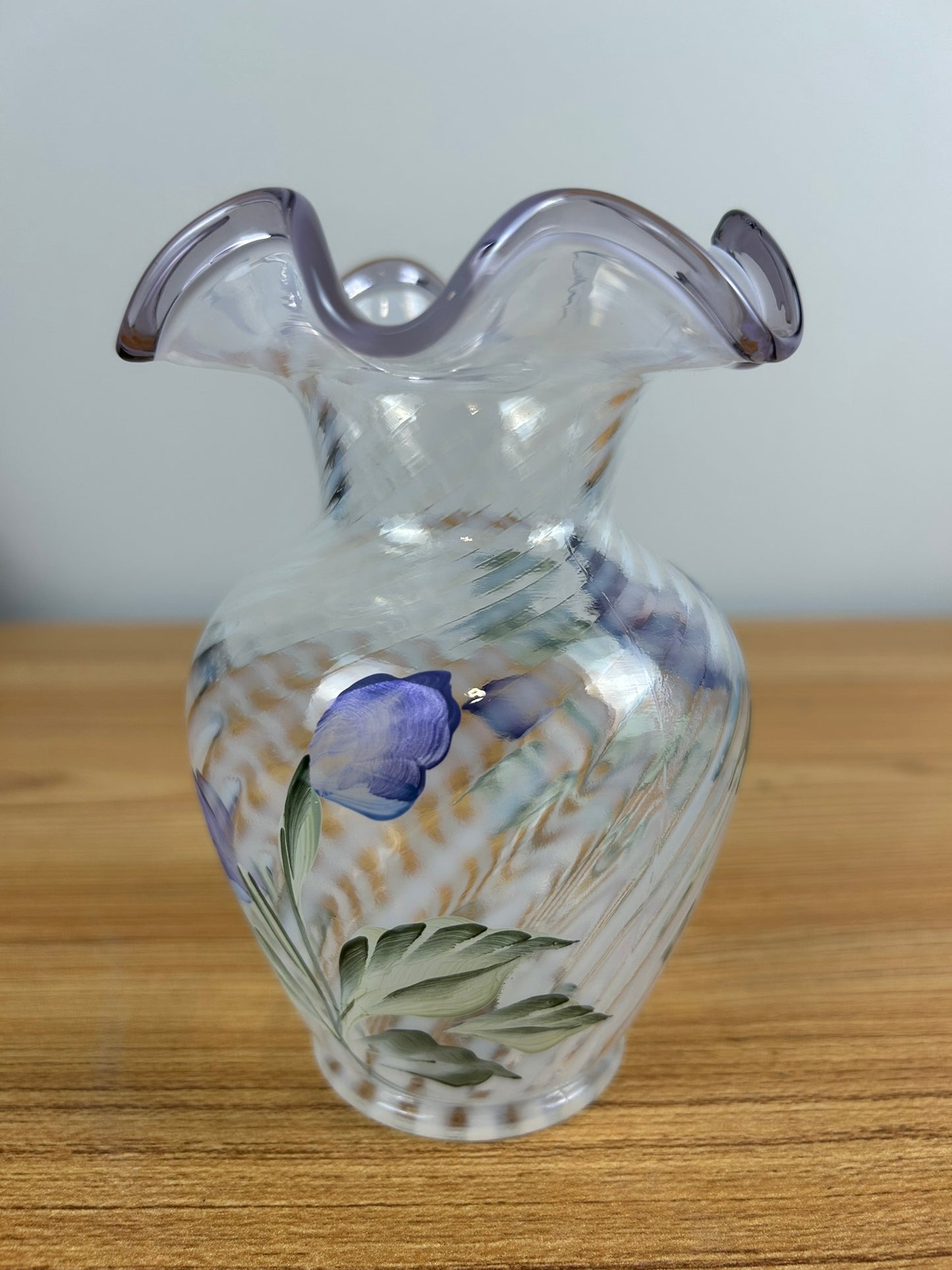 Fenton 5.5" FRENCH OPALESCENT OPTIC SPIRAL “LAVENDER PETALS” VIOLET CREST VASE
