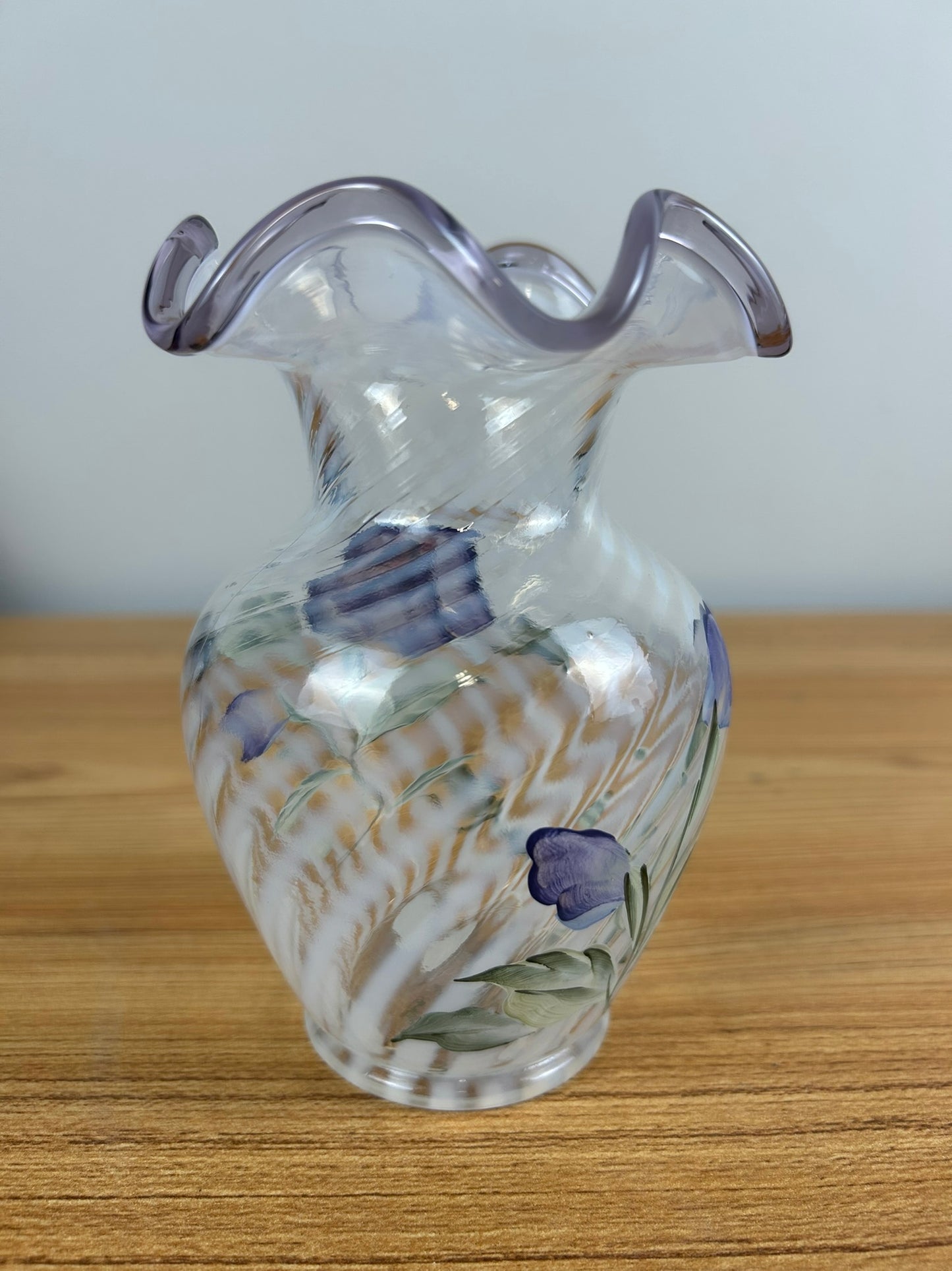 Fenton 5.5" FRENCH OPALESCENT OPTIC SPIRAL “LAVENDER PETALS” VIOLET CREST VASE