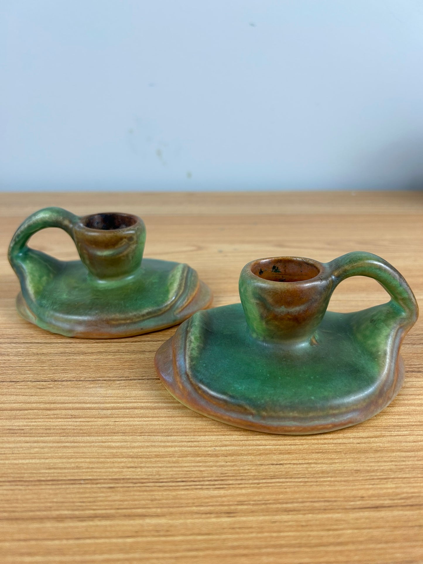 Weller Art Pottery Elberta Green Brown Blended Glaze Pair Of Candle Holders