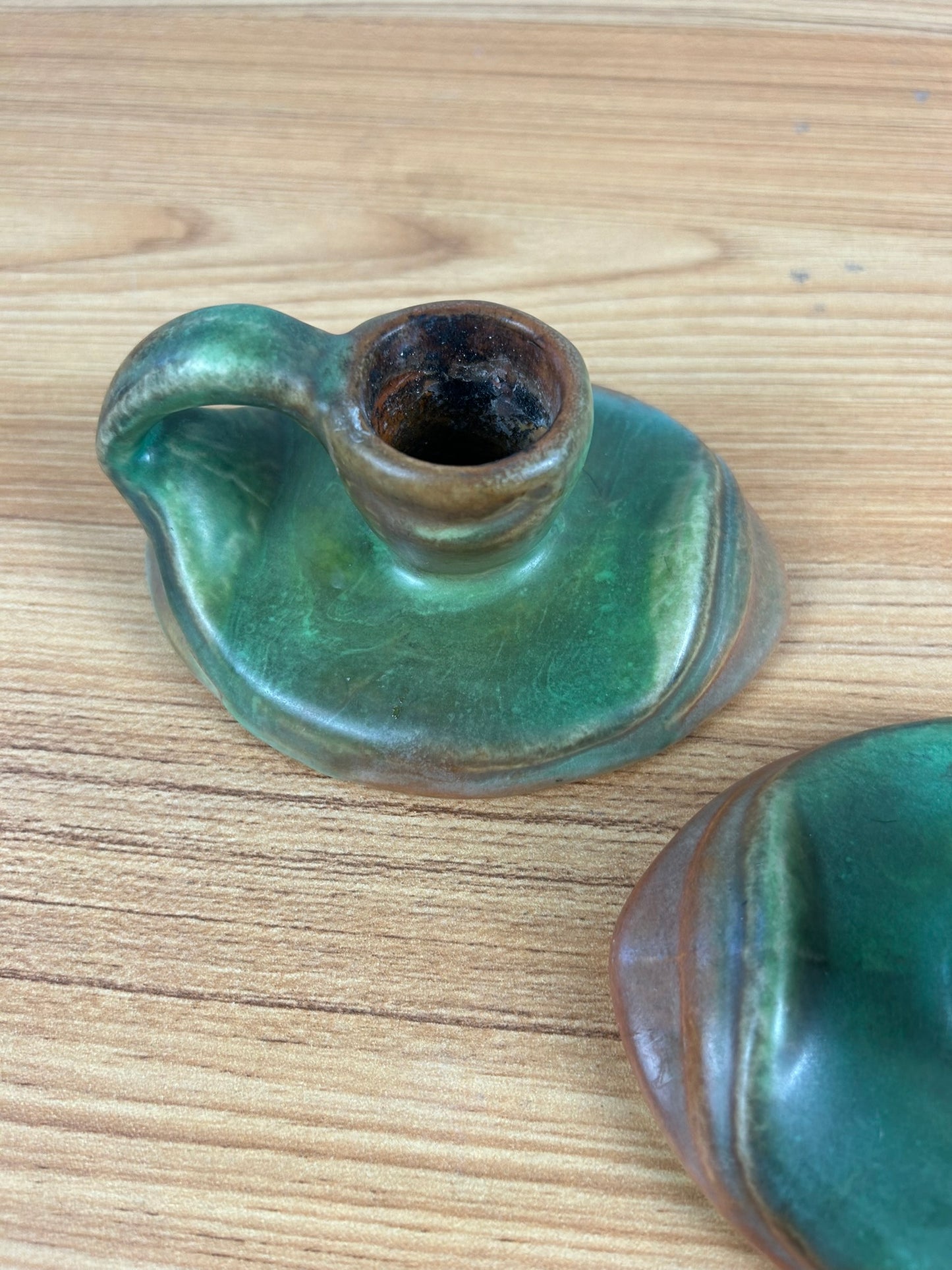 Weller Art Pottery Elberta Green Brown Blended Glaze Pair Of Candle Holders