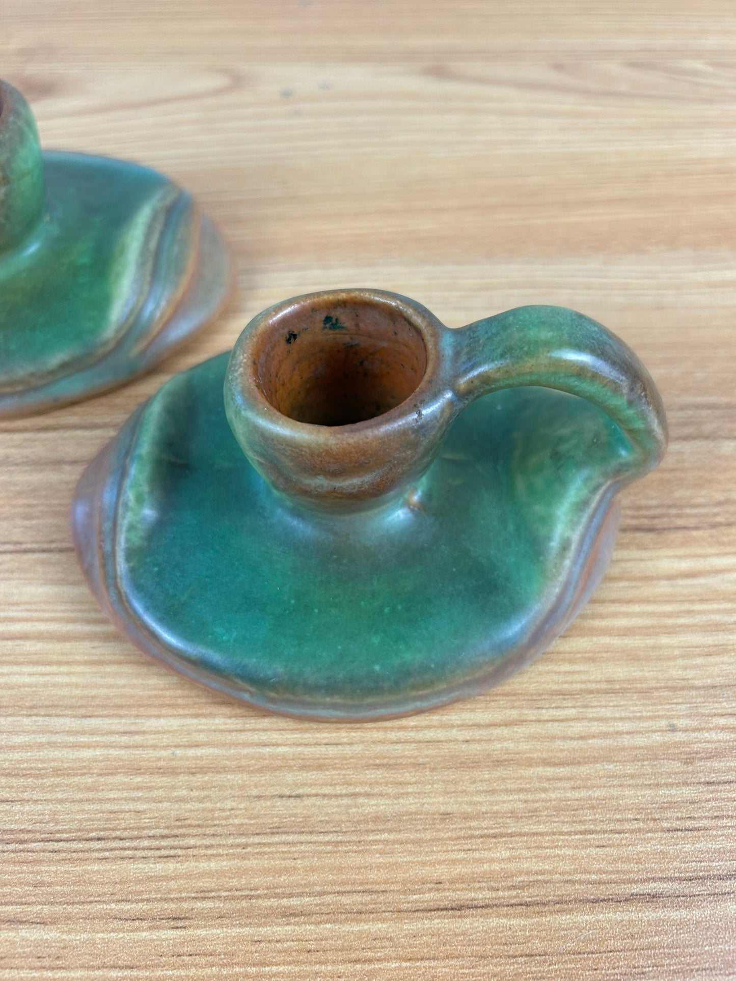 Weller Art Pottery Elberta Green Brown Blended Glaze Pair Of Candle Holders