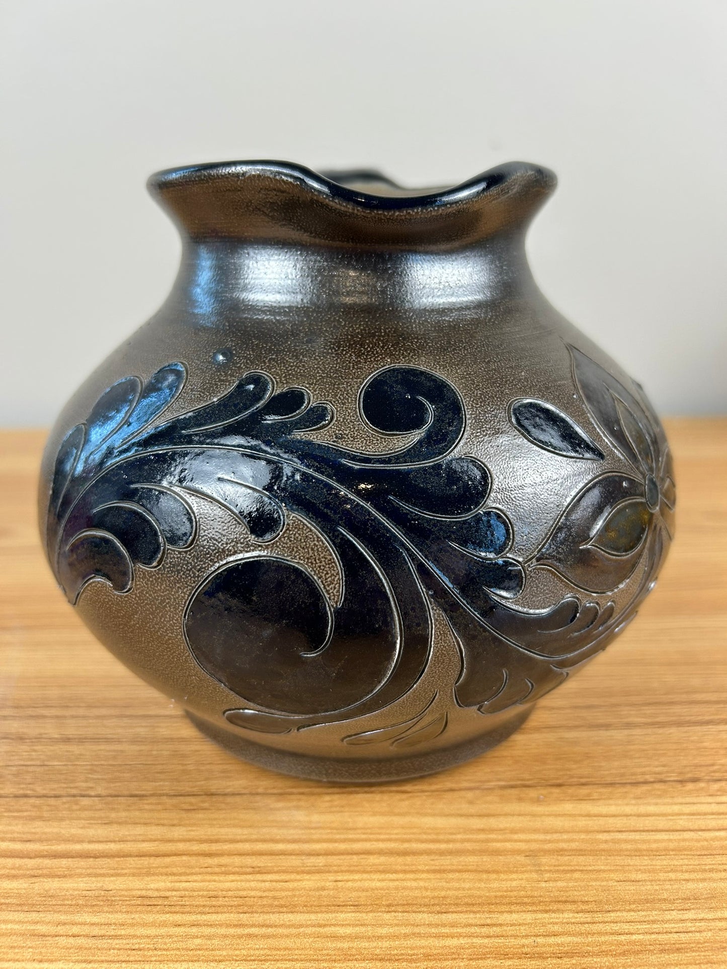 Otto Blum Germany Hand Made Salt Glazed Handled Floral Design Pitcher