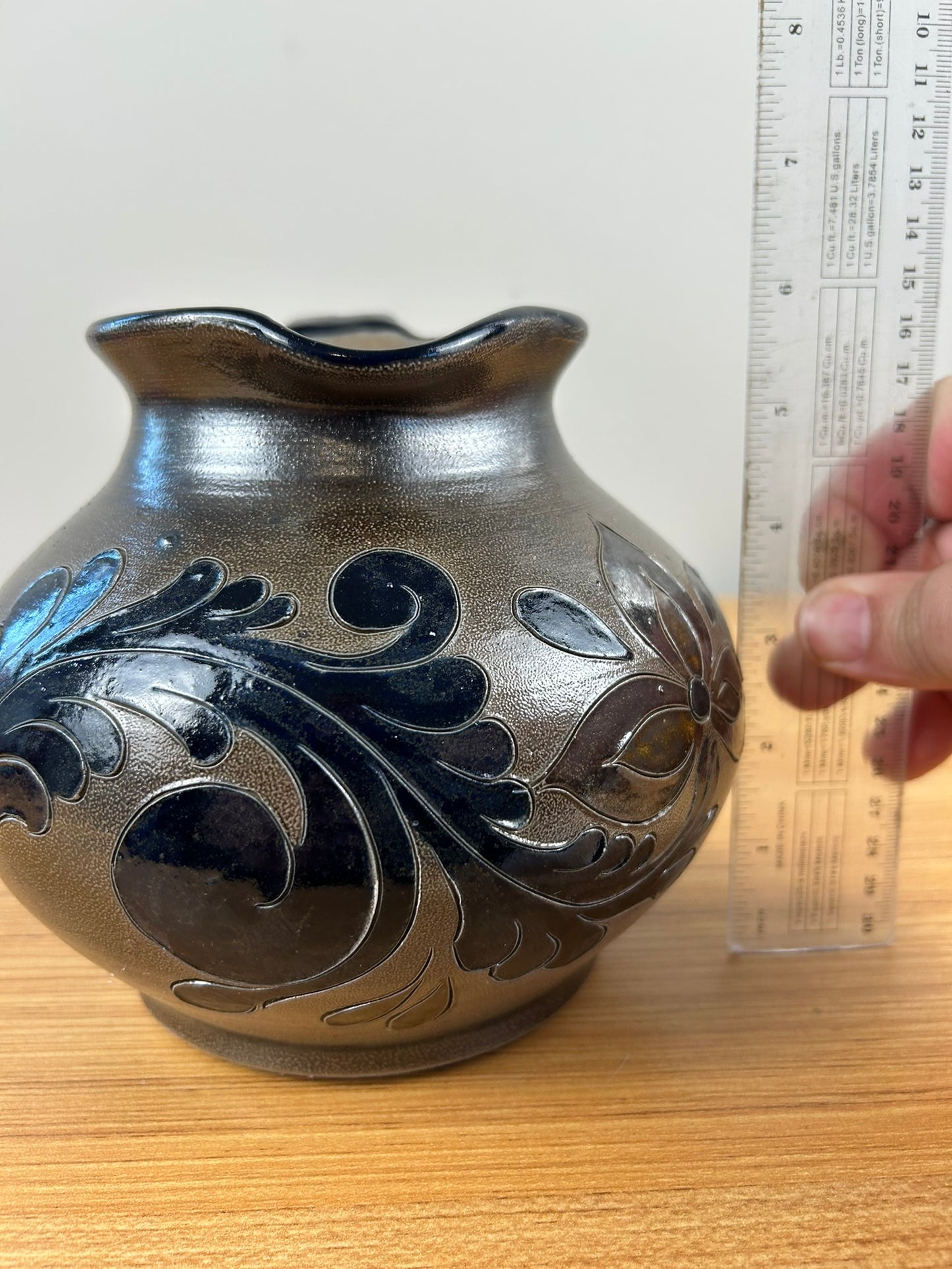 Otto Blum Germany Hand Made Salt Glazed Handled Floral Design Pitcher