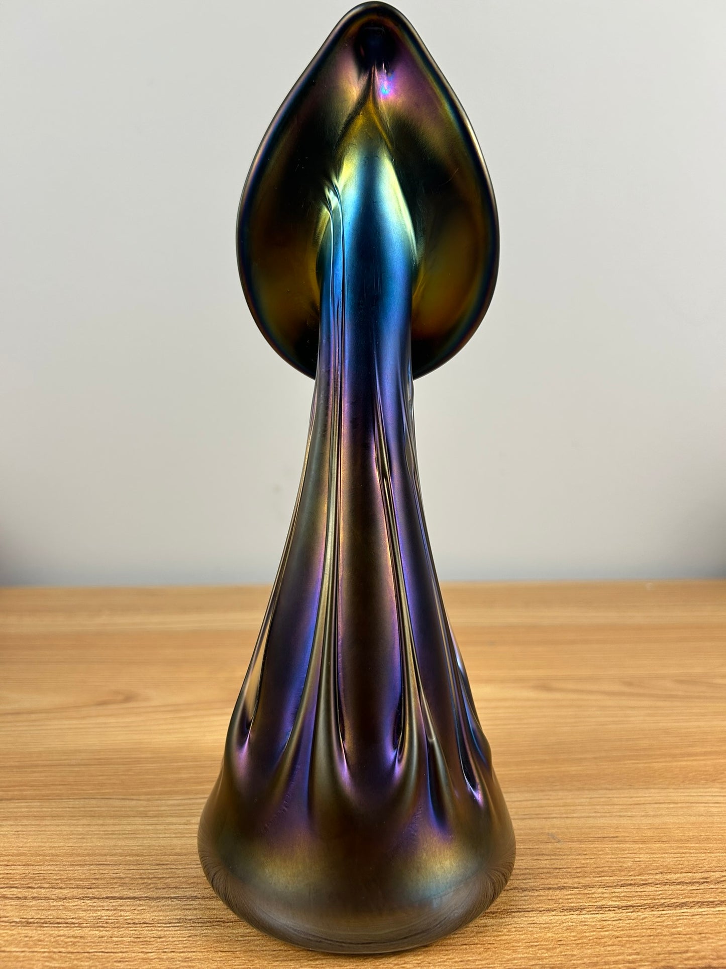 Herb Thomas Iridescent Purple Green Art Glass Jack in the Pulpit Vase 10" Tall