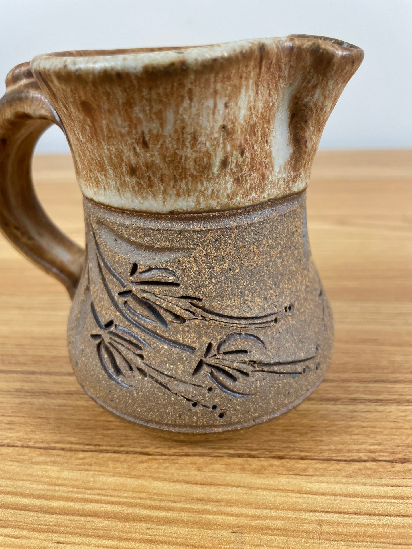 Vintage Lynne Brown Pottery Signed Mug Carved Floral Panel - OREGON Artist