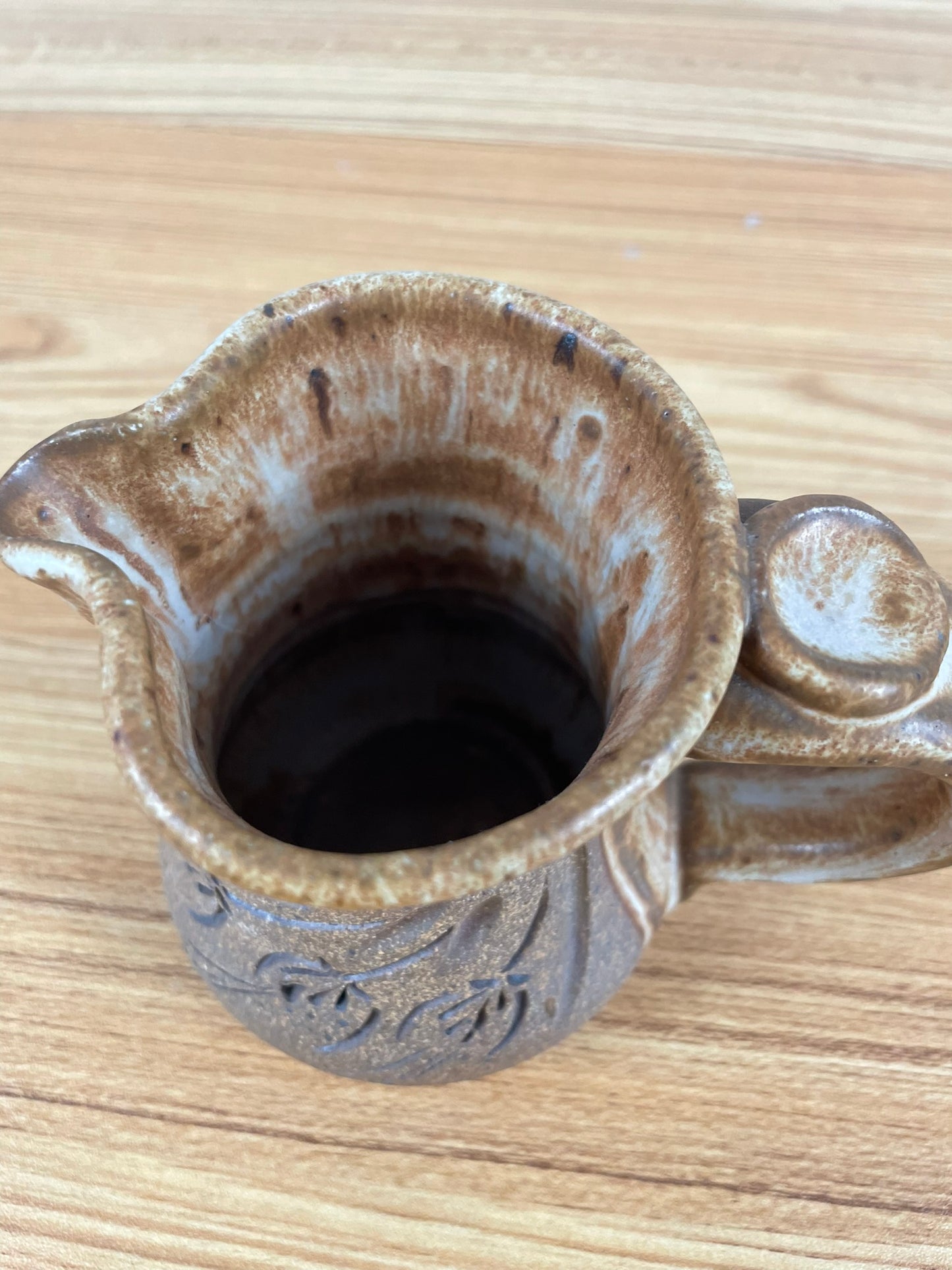 Vintage Lynne Brown Pottery Signed Mug Carved Floral Panel - OREGON Artist