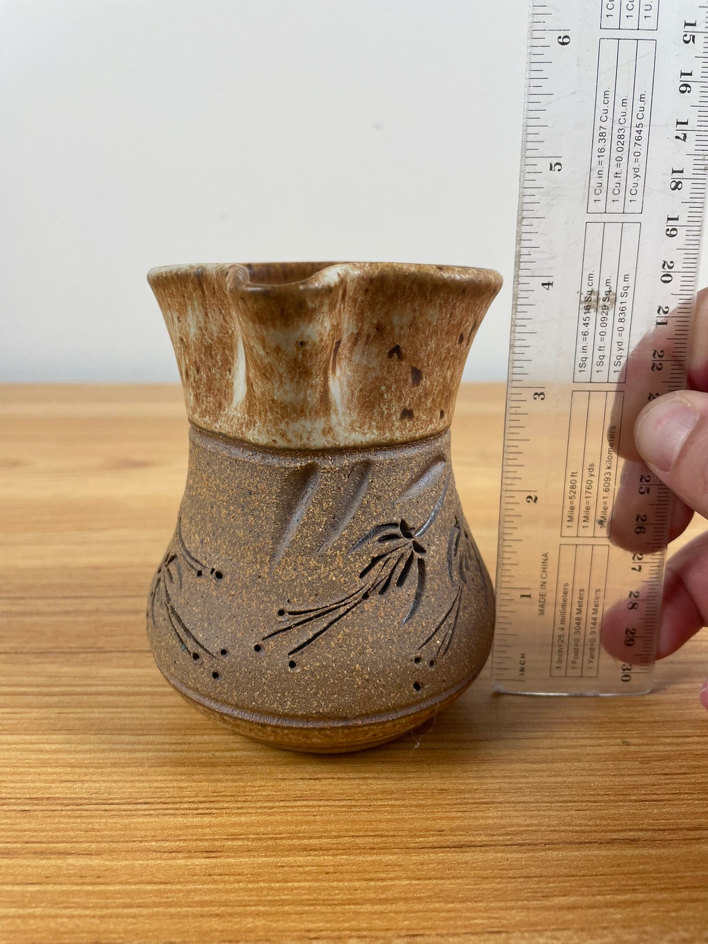 Vintage Lynne Brown Pottery Signed Mug Carved Floral Panel - OREGON Artist