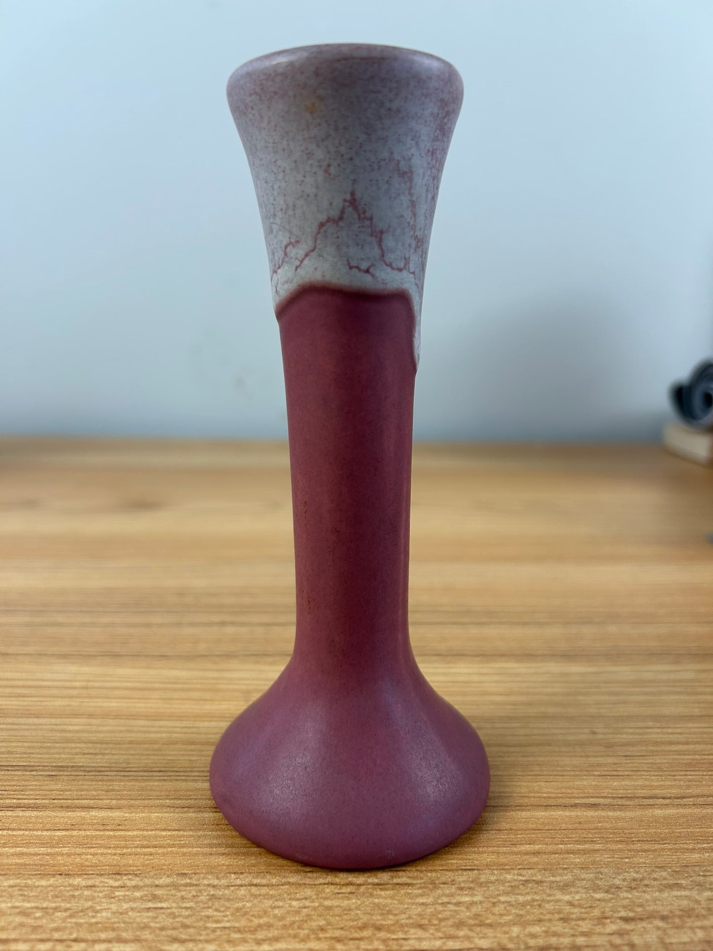 Muncie Bud Vase Tall Neck Bulbous Bottom Drip Glaze White Over Pink Glaze