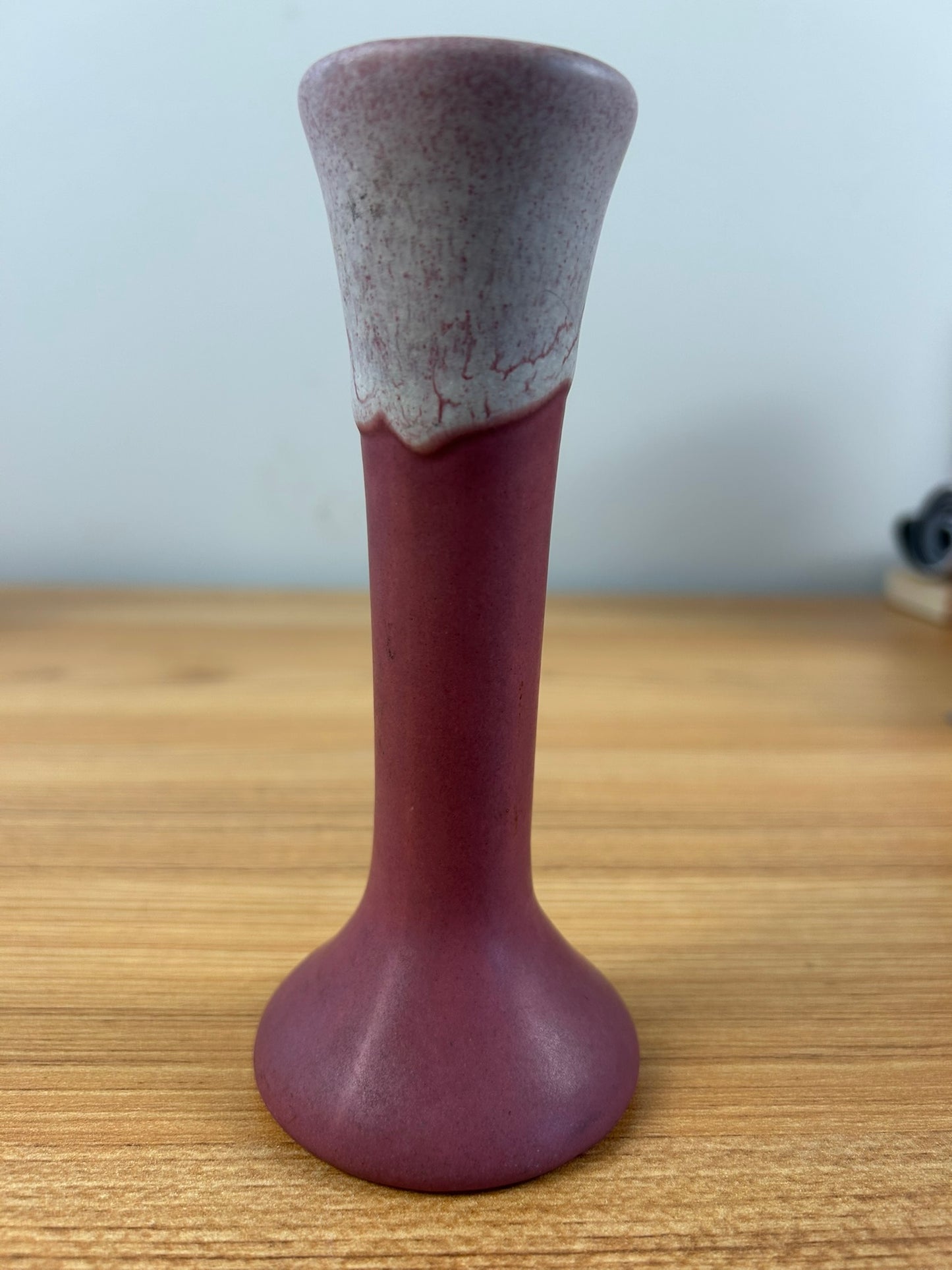 Muncie Bud Vase Tall Neck Bulbous Bottom Drip Glaze White Over Pink Glaze